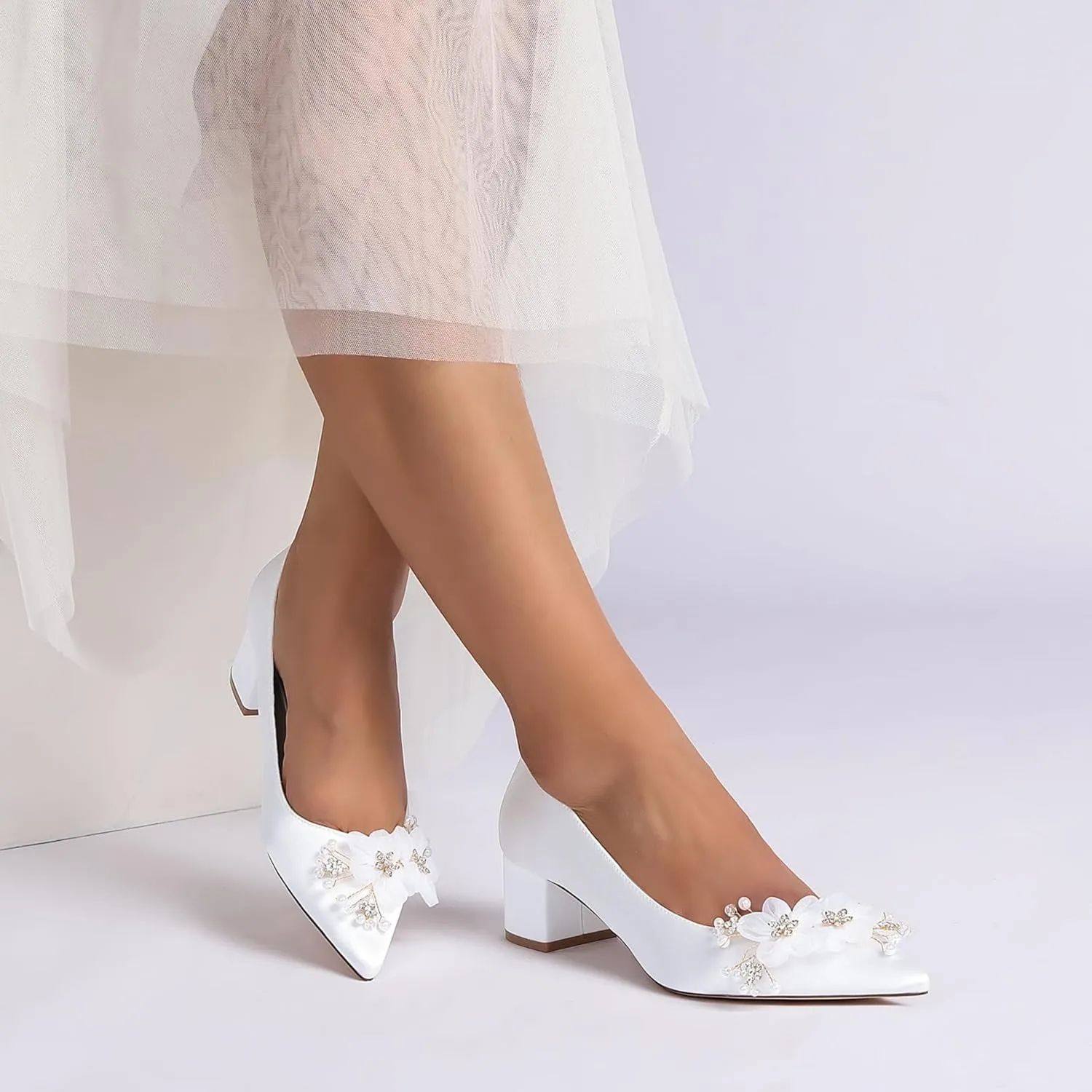 Bride Low Block Heel Satin Wedding Bride Shoes Pointed Toe Women's Party Dress Heeled Sandals 4.5Cm