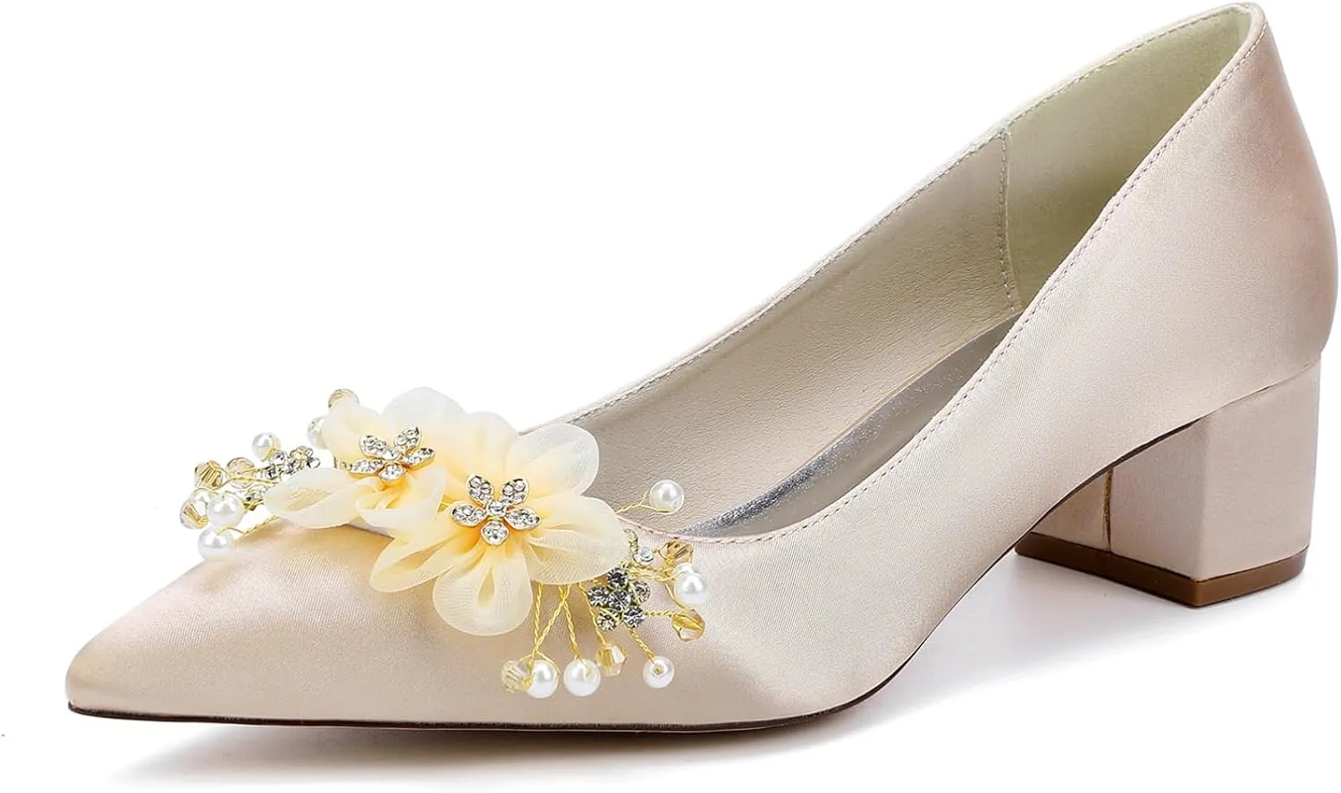 Bride Low Block Heel Satin Wedding Bride Shoes Pointed Toe Women's Party Dress Heeled Sandals 4.5Cm