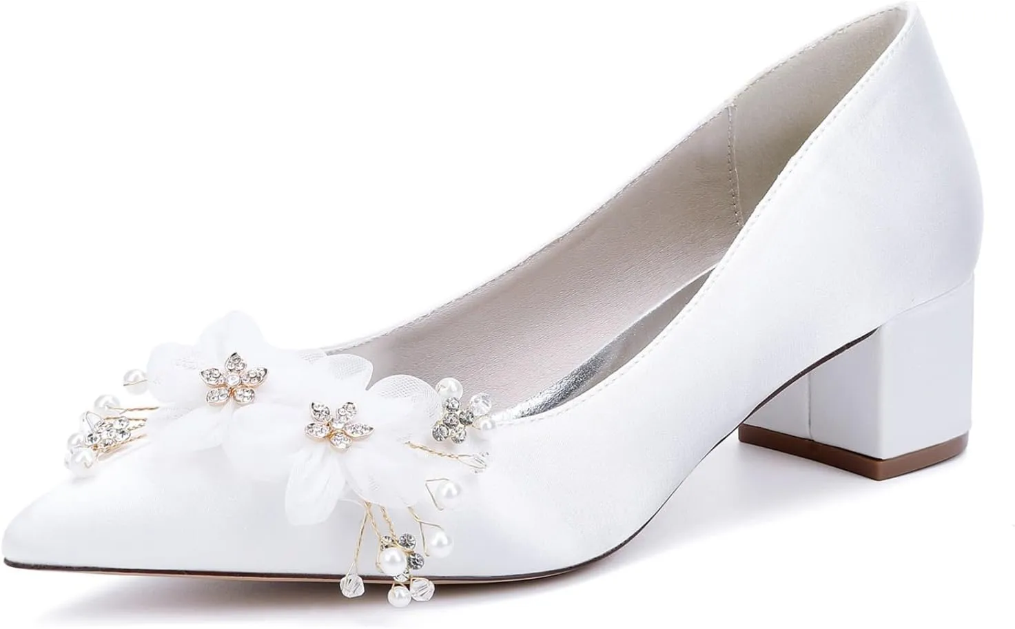 Bride Low Block Heel Satin Wedding Bride Shoes Pointed Toe Women's Party Dress Heeled Sandals 4.5Cm