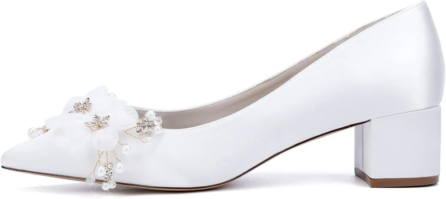 Bride Low Block Heel Satin Wedding Bride Shoes Pointed Toe Women's Party Dress Heeled Sandals 4.5Cm