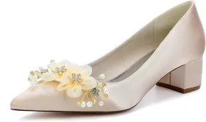 Bride Low Block Heel Satin Wedding Bride Shoes Pointed Toe Women's Party Dress Heeled Sandals 4.5Cm
