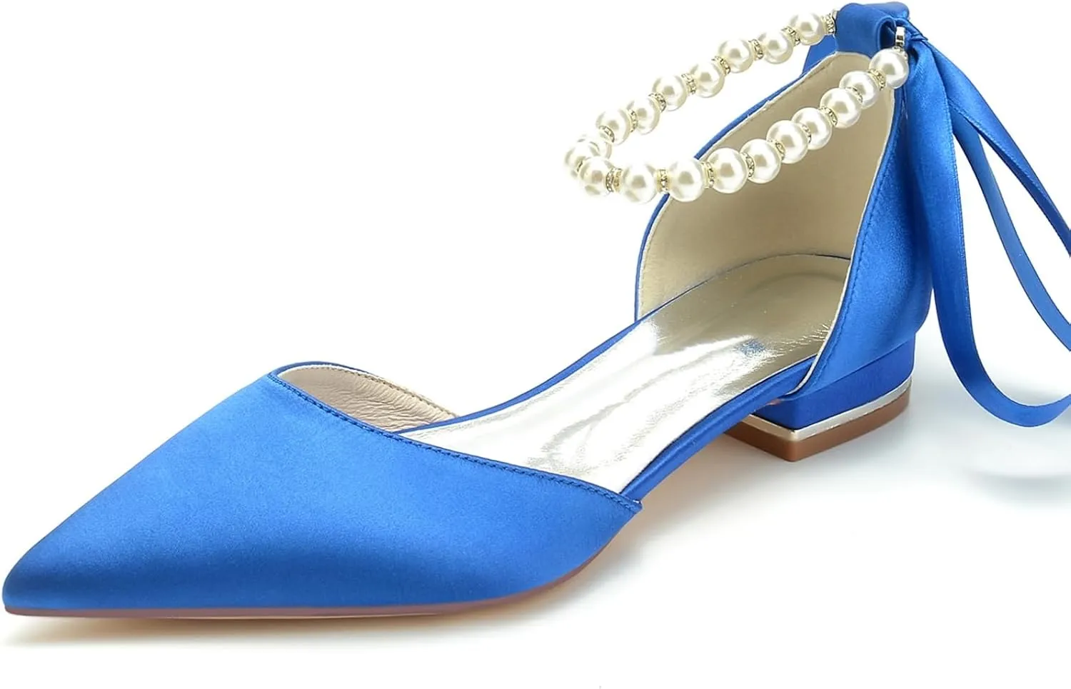 Bride Pointed Toe Flats Women Satin Pearls Wedding Flats Shoes Prom Evening Bridal Party Dress Flats 2.5Cm