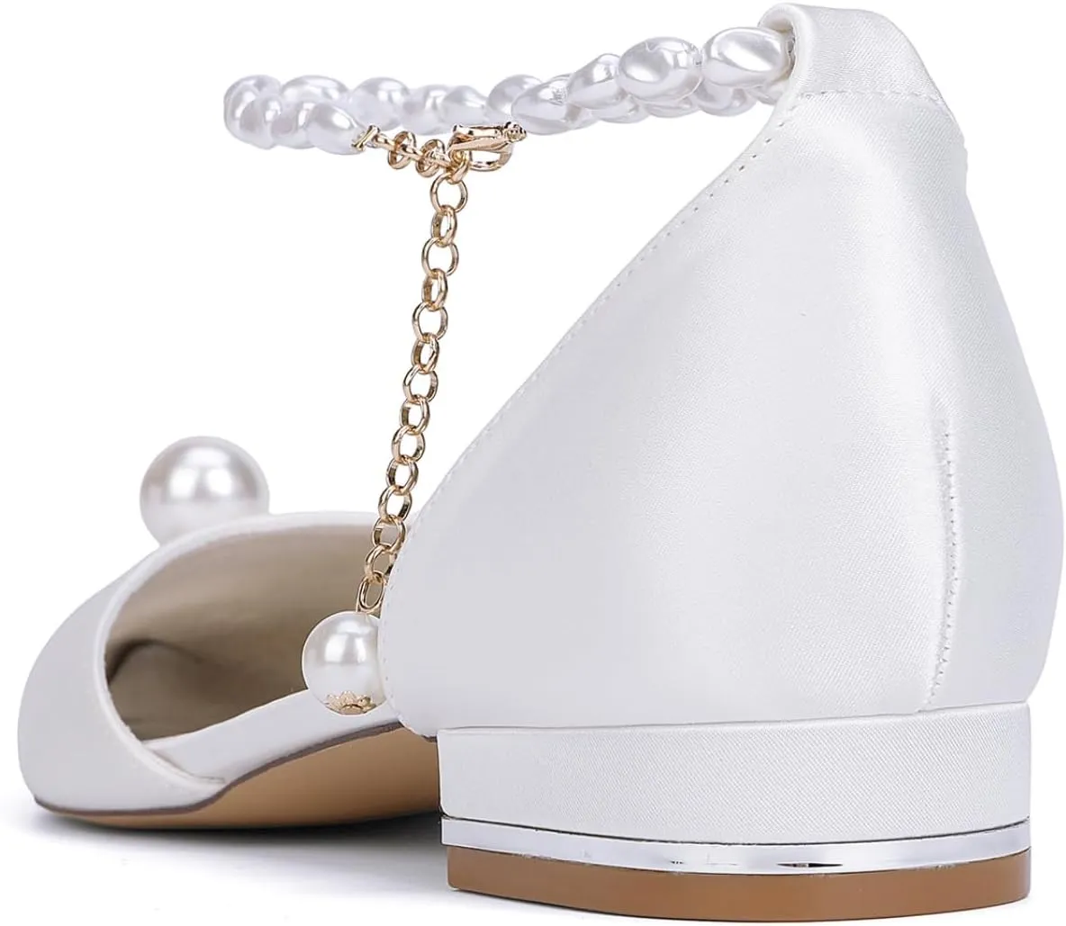 Bride Wedding Shoes Women's Pointed Toe Pearl Wedding Flats Bridal Flats Evening Prom Party Dress Shoes 2.5Cm