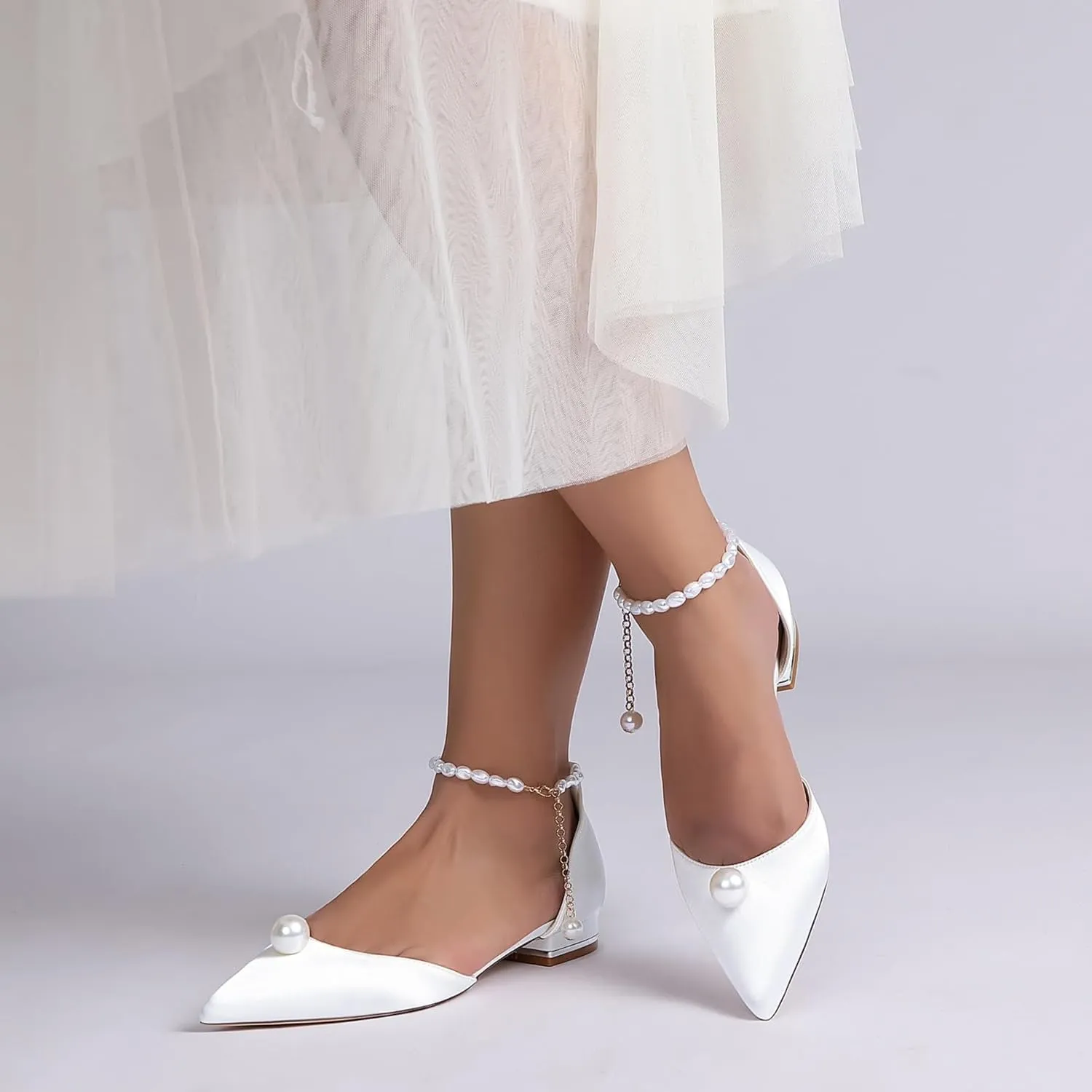 Bride Wedding Shoes Women's Pointed Toe Pearl Wedding Flats Bridal Flats Evening Prom Party Dress Shoes 2.5Cm