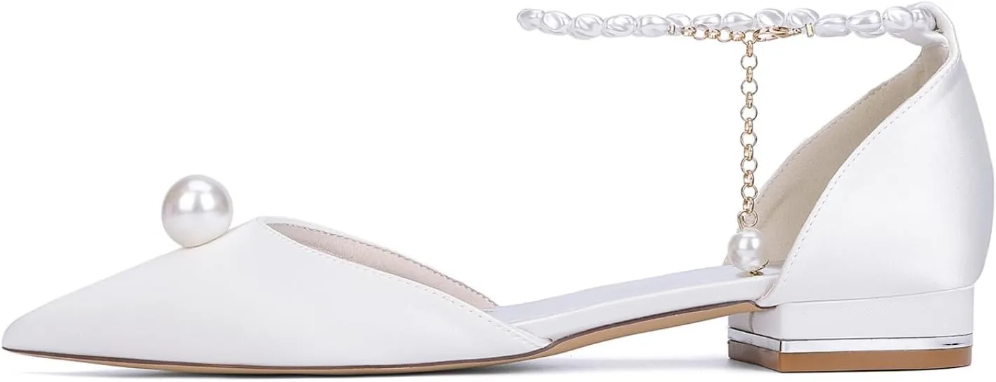 Bride Wedding Shoes Women's Pointed Toe Pearl Wedding Flats Bridal Flats Evening Prom Party Dress Shoes 2.5Cm