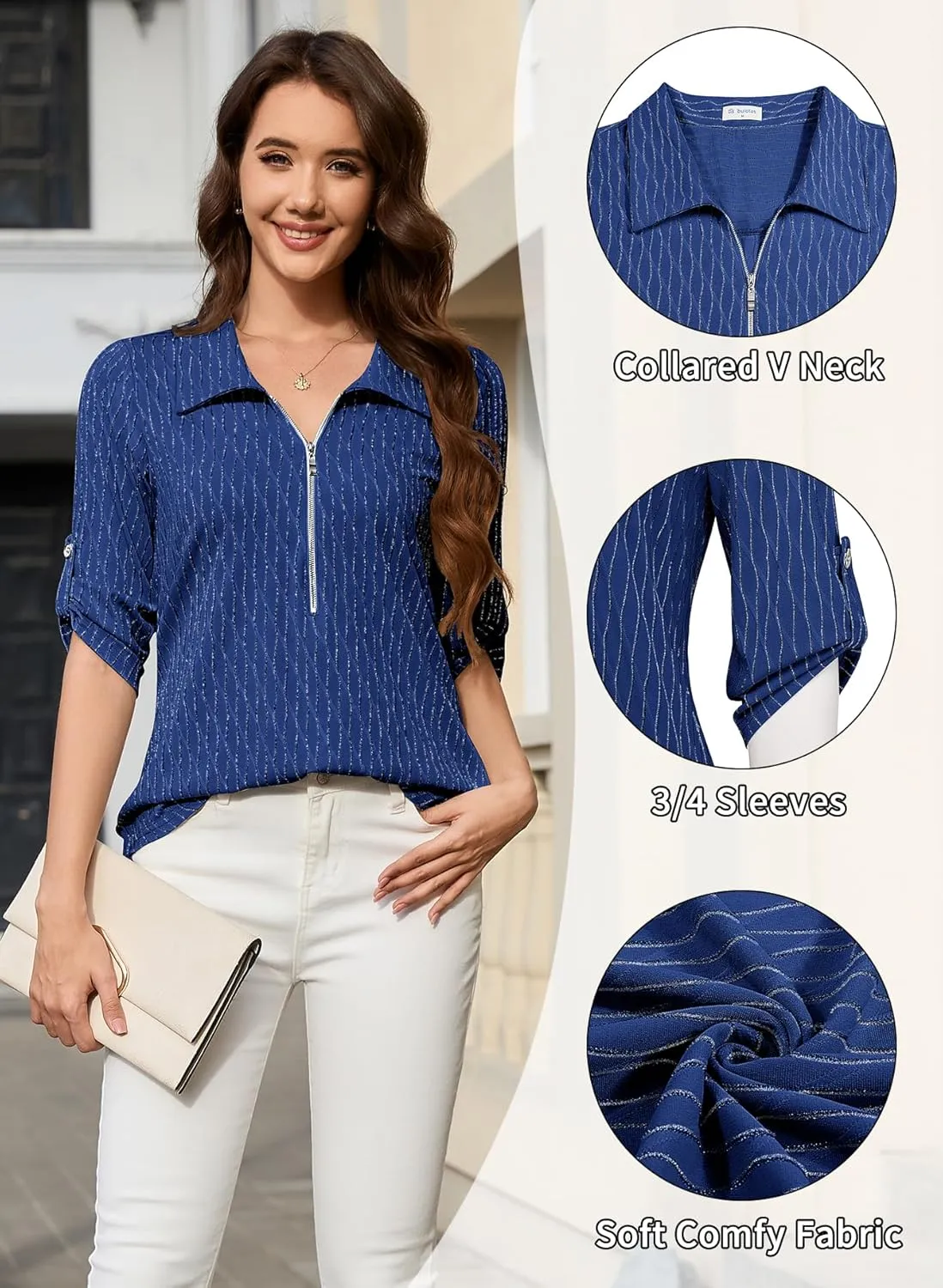 Bulotus Women's 3/4 Sleeve V-Neck Dressy Casual Tunic Shirt