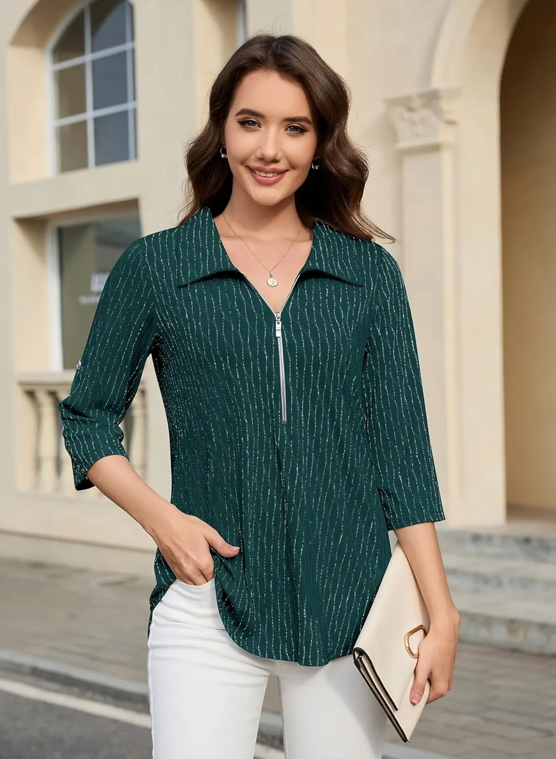 Bulotus Women's 3/4 Sleeve V-Neck Dressy Casual Tunic Shirt