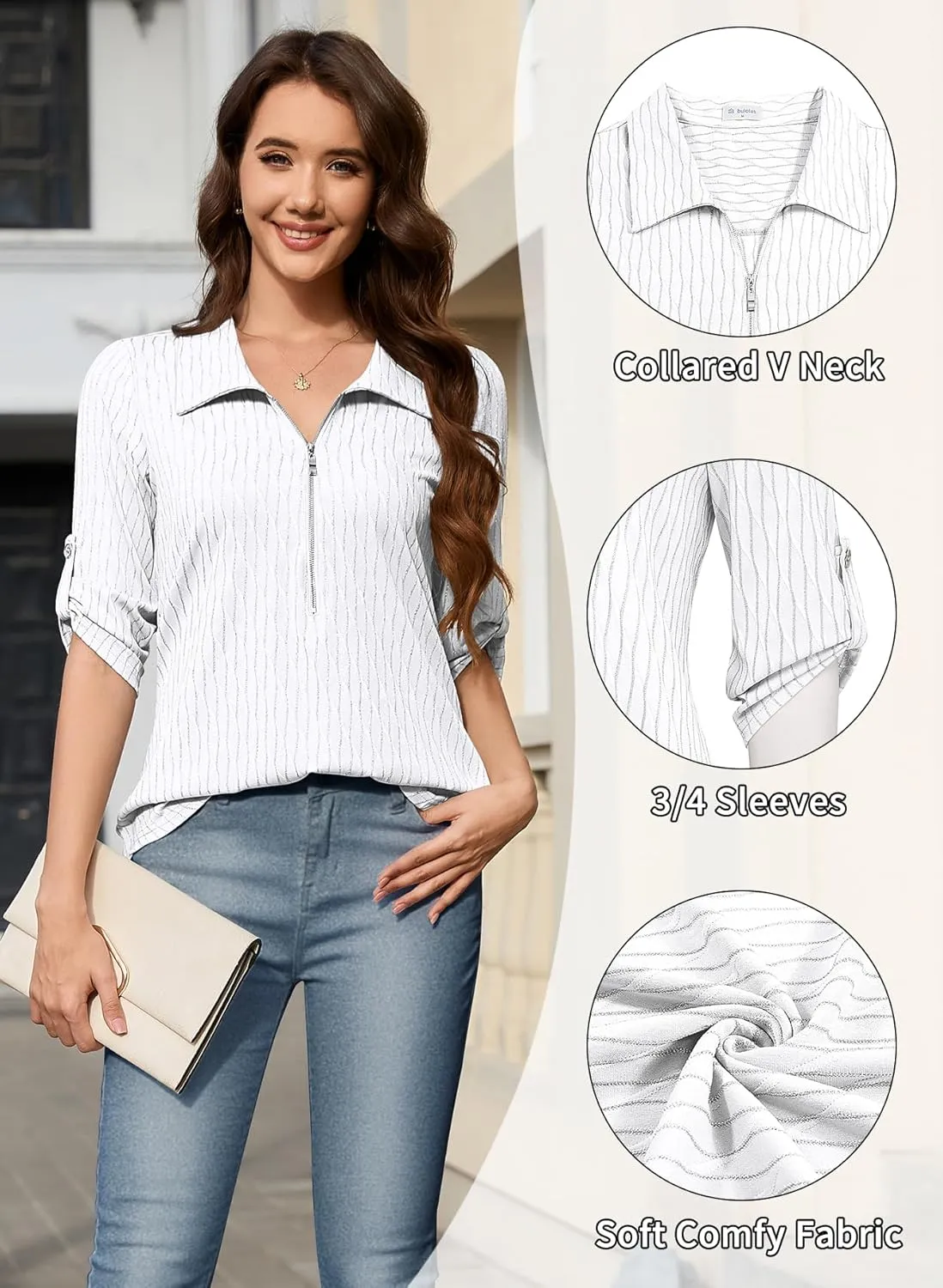 Bulotus Women's 3/4 Sleeve V-Neck Dressy Casual Tunic Shirt