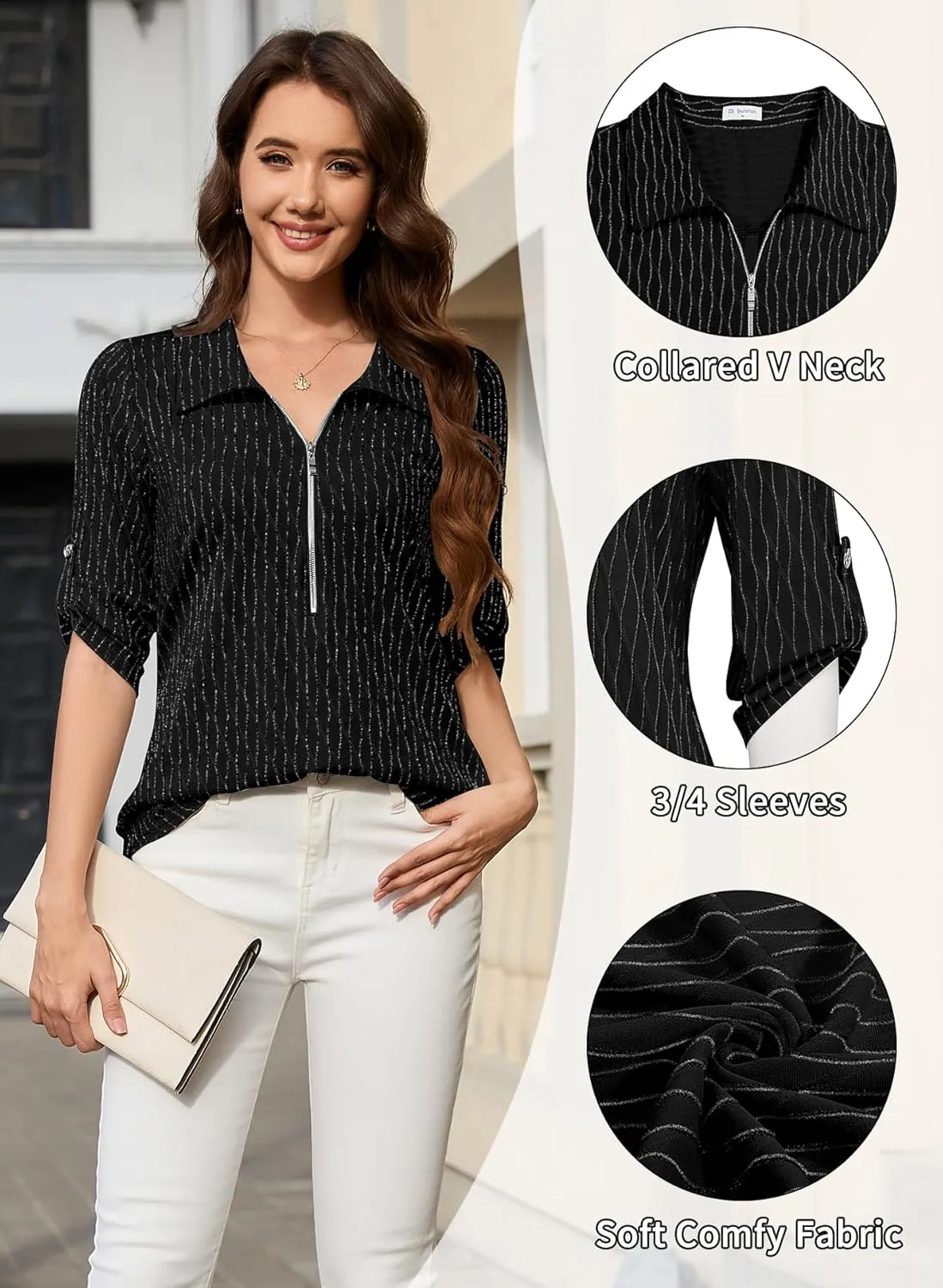 Bulotus Women's 3/4 Sleeve V-Neck Dressy Casual Tunic Shirt