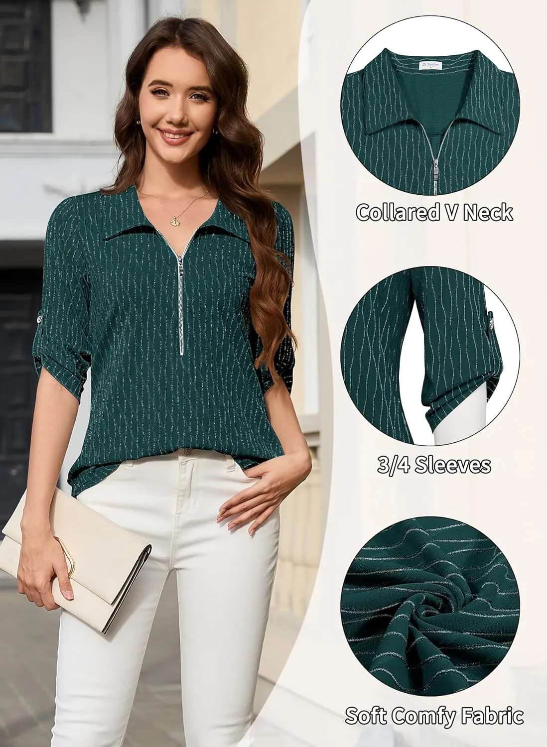 Bulotus Women's 3/4 Sleeve V-Neck Dressy Casual Tunic Shirt