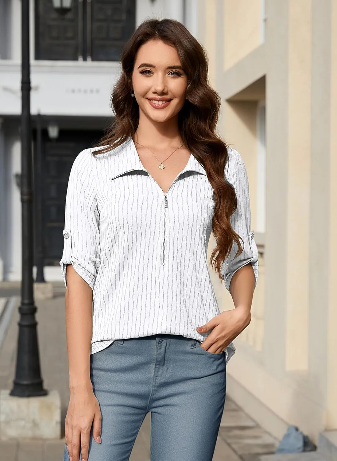 Bulotus Women's 3/4 Sleeve V-Neck Dressy Casual Tunic Shirt
