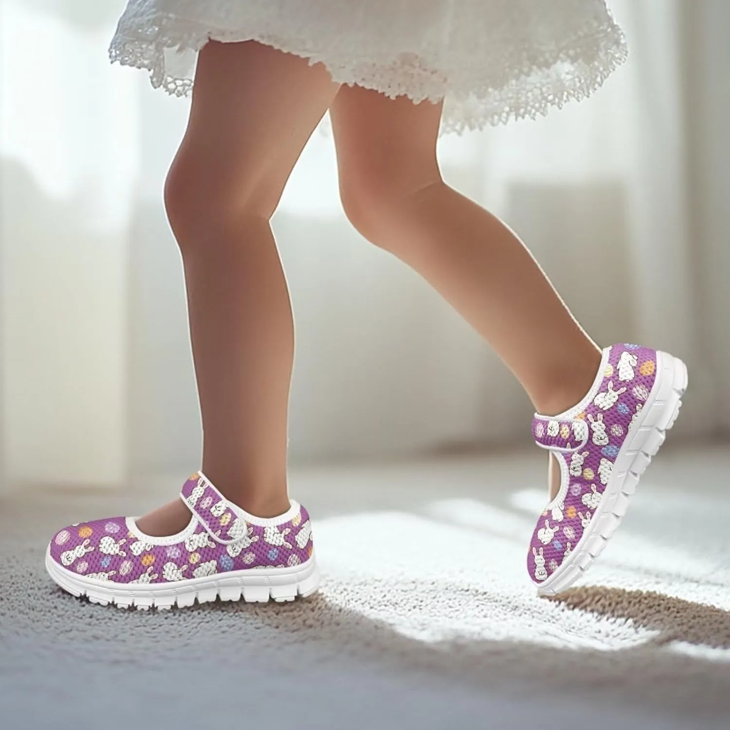 Bunny Print Girls Mary Jane Shoes Toddler Dress Shoes for Holiday Party Flats Low Top Non Slip Kids Mesh Shoes