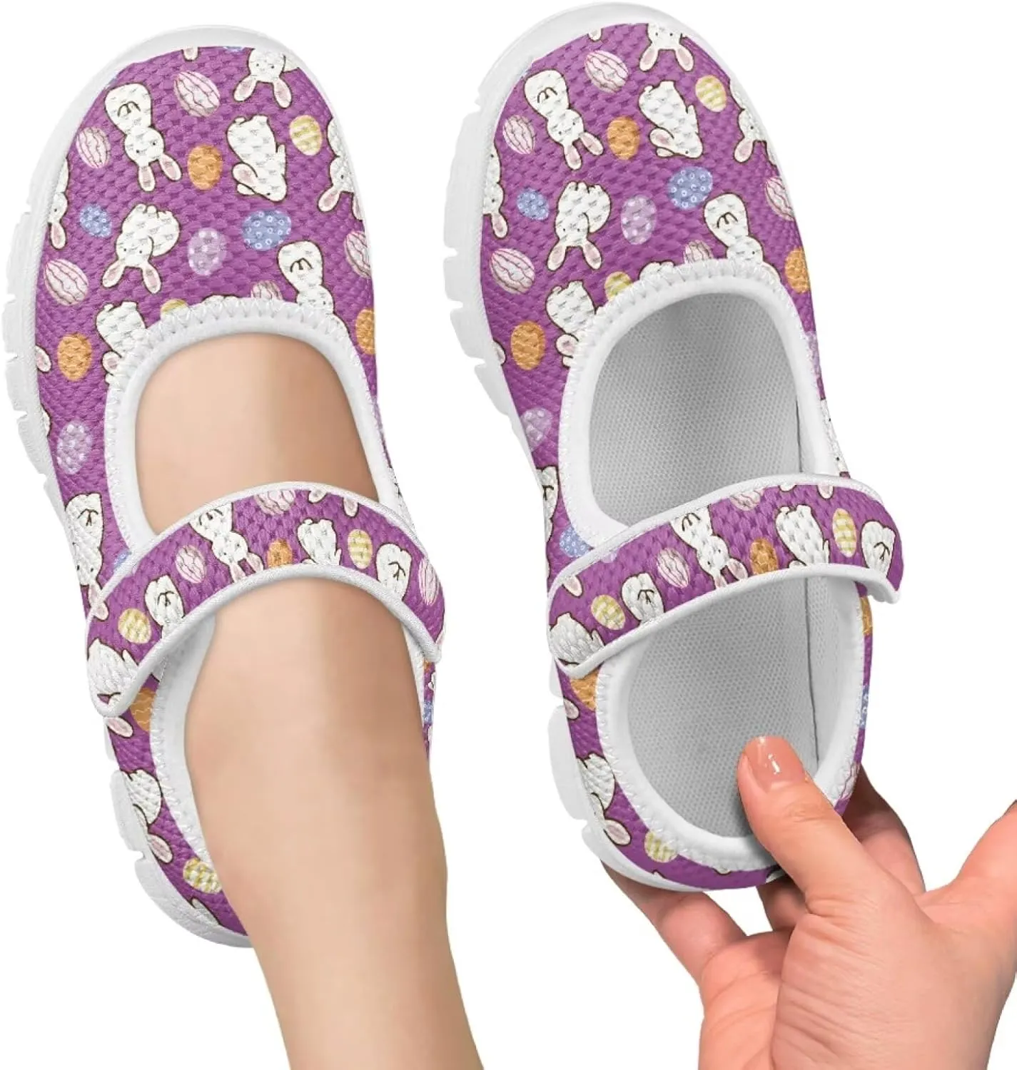 Bunny Print Girls Mary Jane Shoes Toddler Dress Shoes for Holiday Party Flats Low Top Non Slip Kids Mesh Shoes