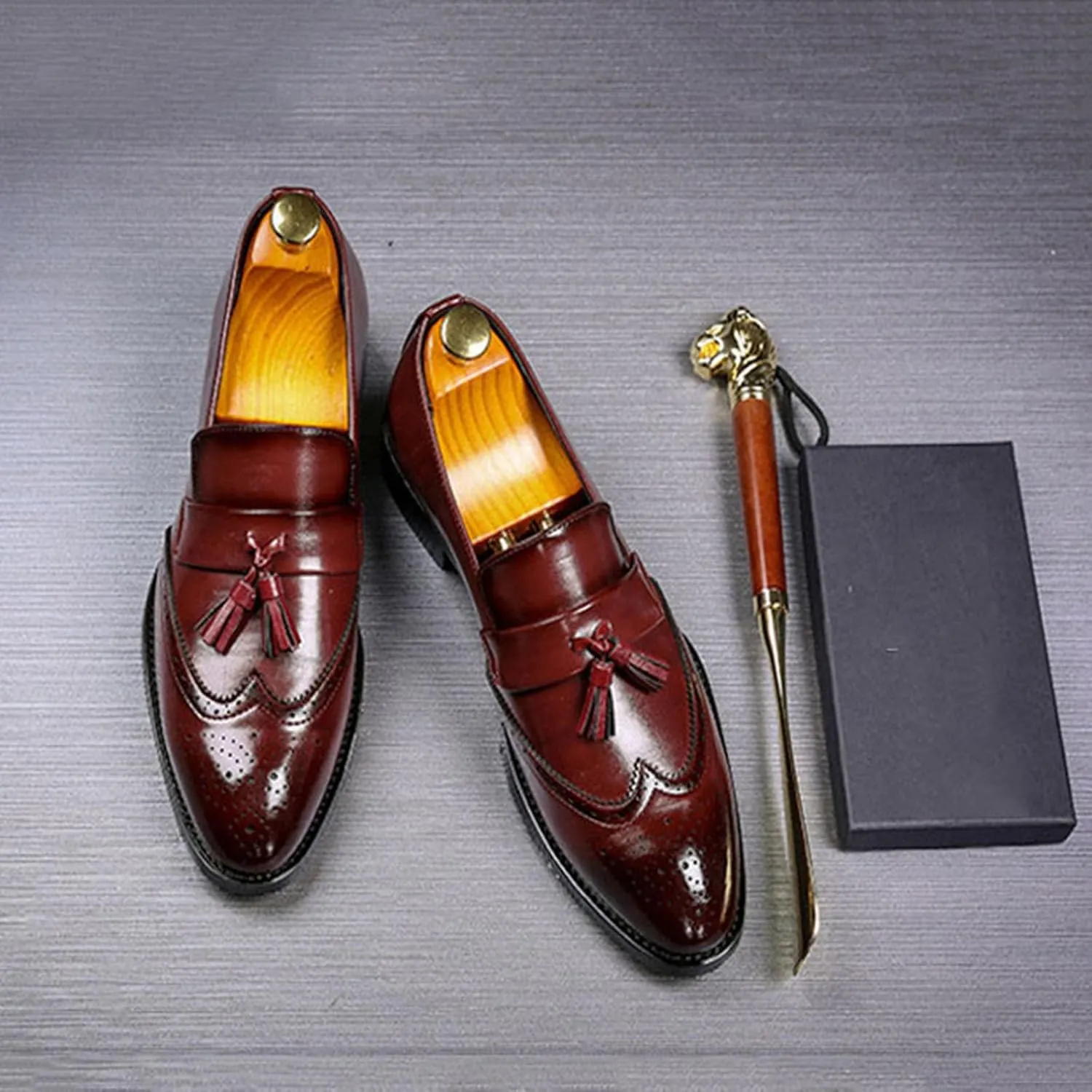 ByErz Men Loafers Classic Leather Business Foraml Dress Office Casual Slip on Brogue Shoes with Tassel
