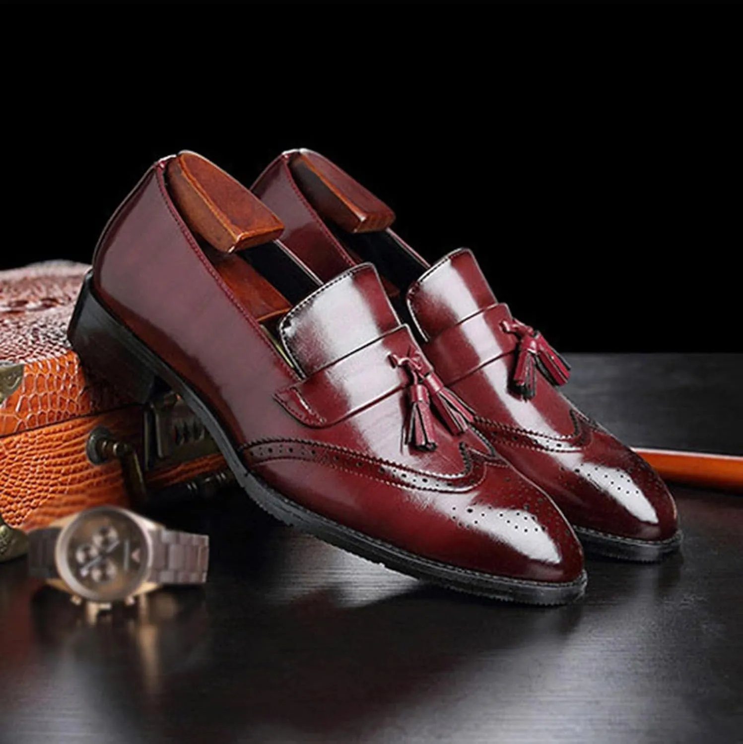 ByErz Men Loafers Classic Leather Business Foraml Dress Office Casual Slip on Brogue Shoes with Tassel