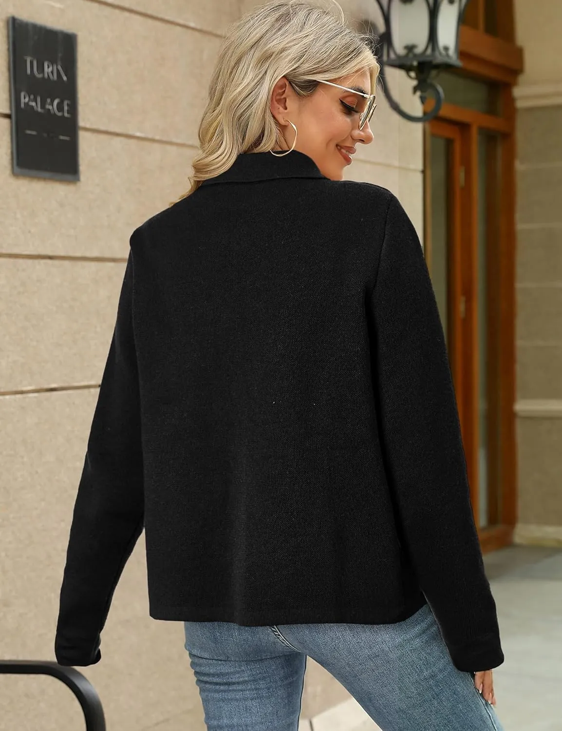 BZB Women Long Sleeve Sweater Cardigan Collared Button Up Open Front Cropped Knit Jackets with Pockets