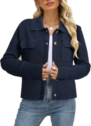BZB Women Long Sleeve Sweater Cardigan Collared Button Up Open Front Cropped Knit Jackets with Pockets