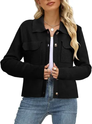 BZB Women Long Sleeve Sweater Cardigan Collared Button Up Open Front Cropped Knit Jackets with Pockets