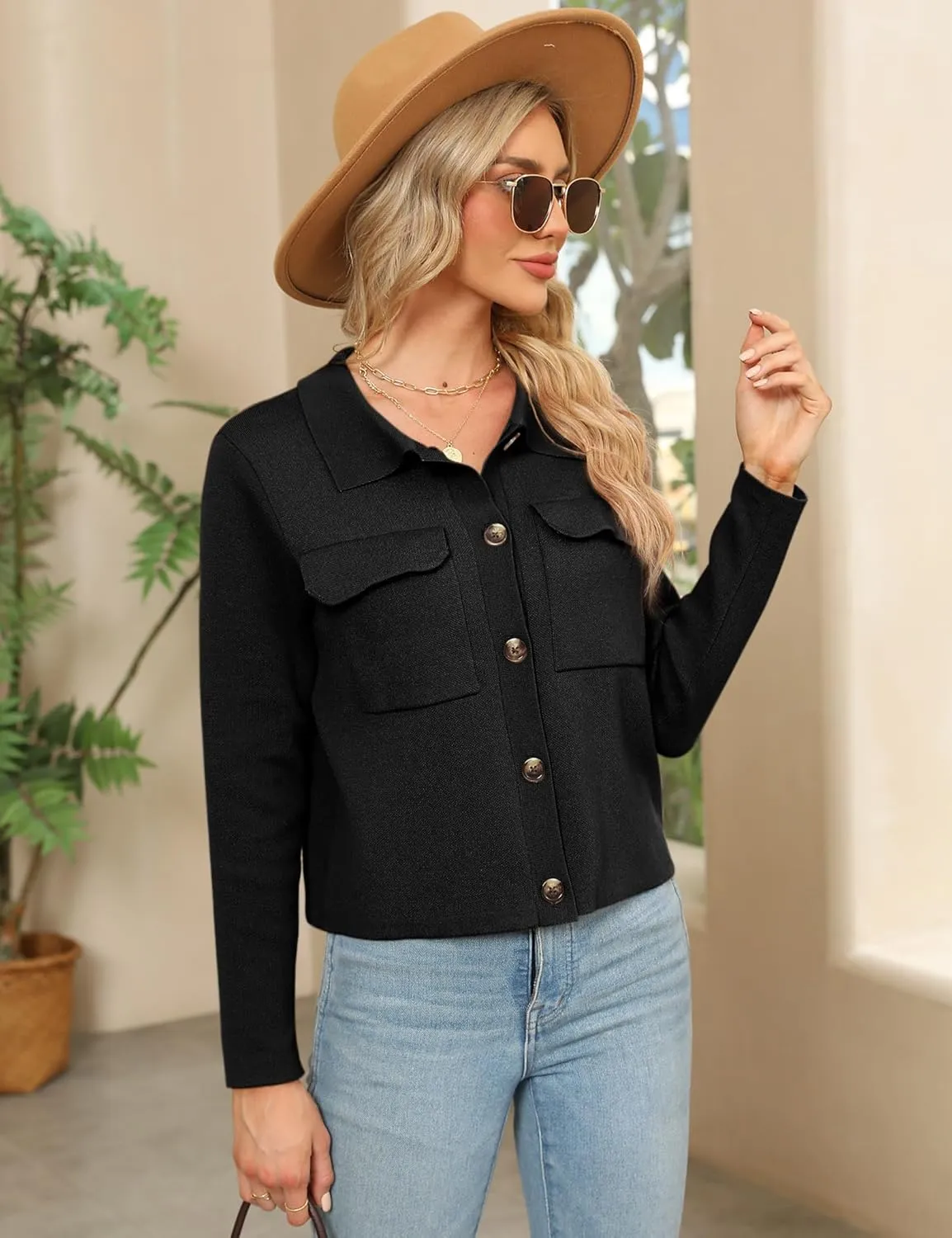 BZB Women Long Sleeve Sweater Cardigan Collared Button Up Open Front Cropped Knit Jackets with Pockets