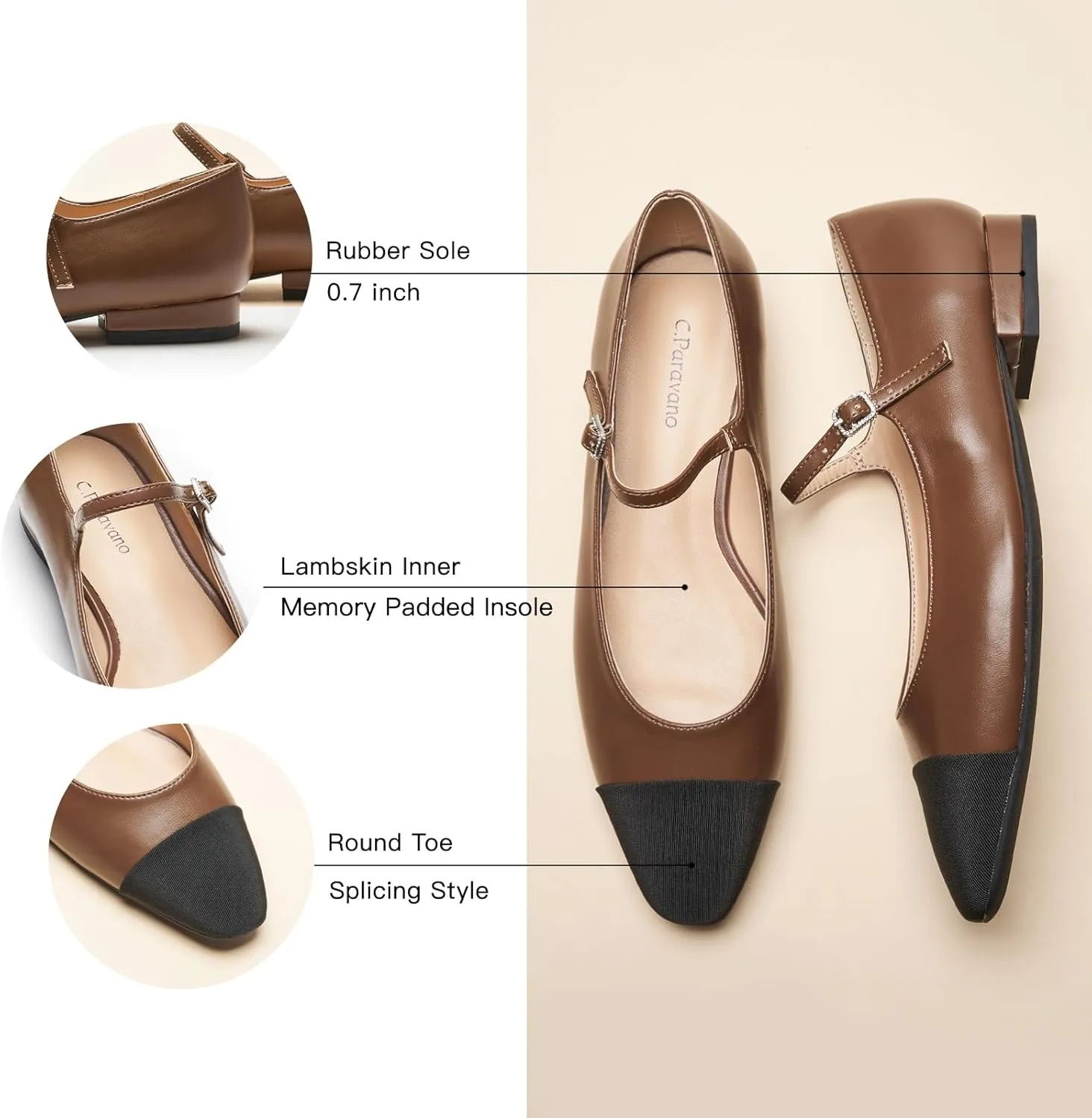 C. Paravano Women's Mary Jane Flats | Almond Toe Leather Ballet Flats with Adjustable Strap, Dressy and Casual Shoes for Office,Travel,Bridal, Church,Business Meetings & Daily Wear