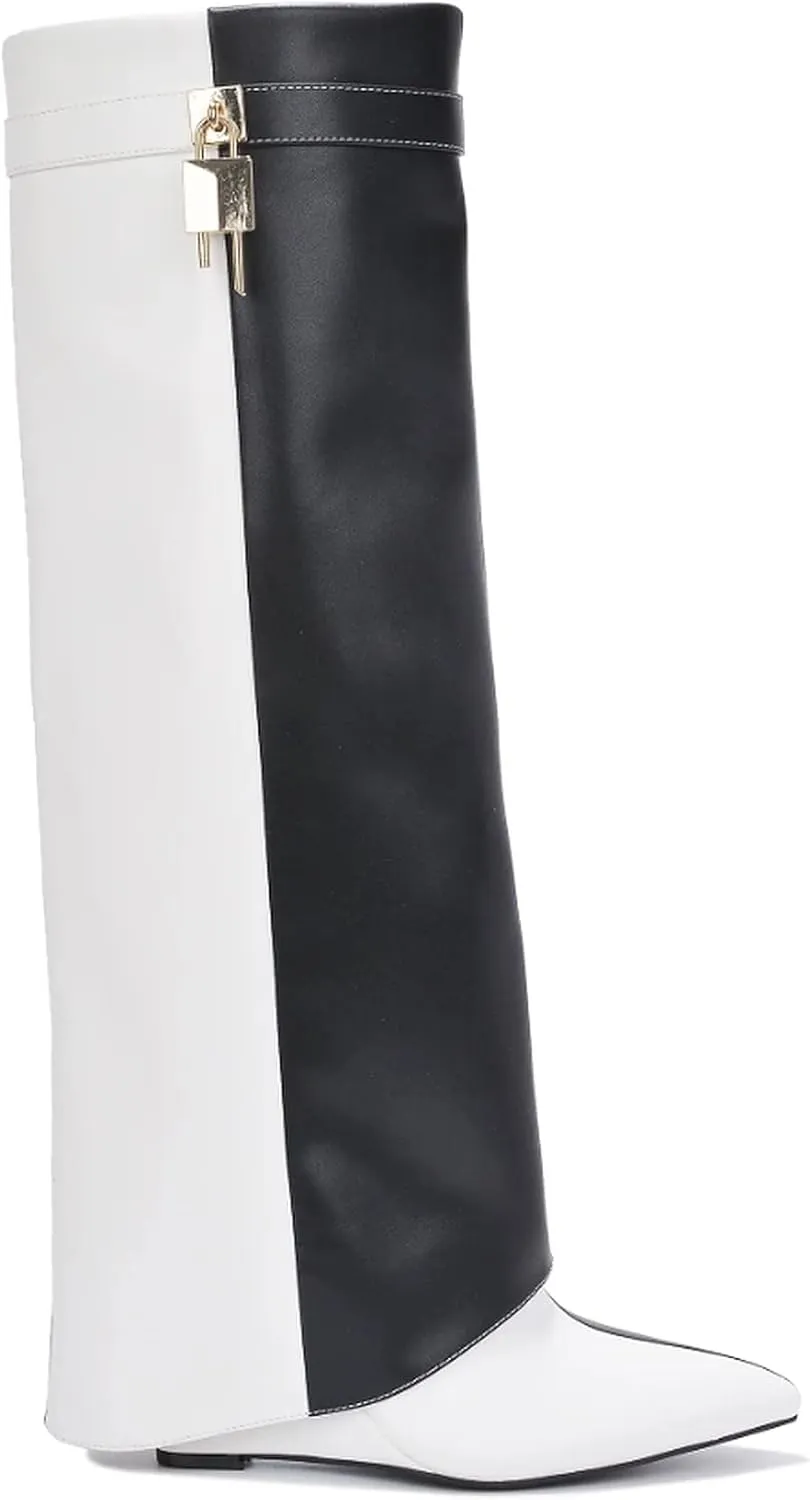 Cape Robbin Women's Wedge Boots Knee High Pull On Pointed Fold Over Wedge Heel Boots