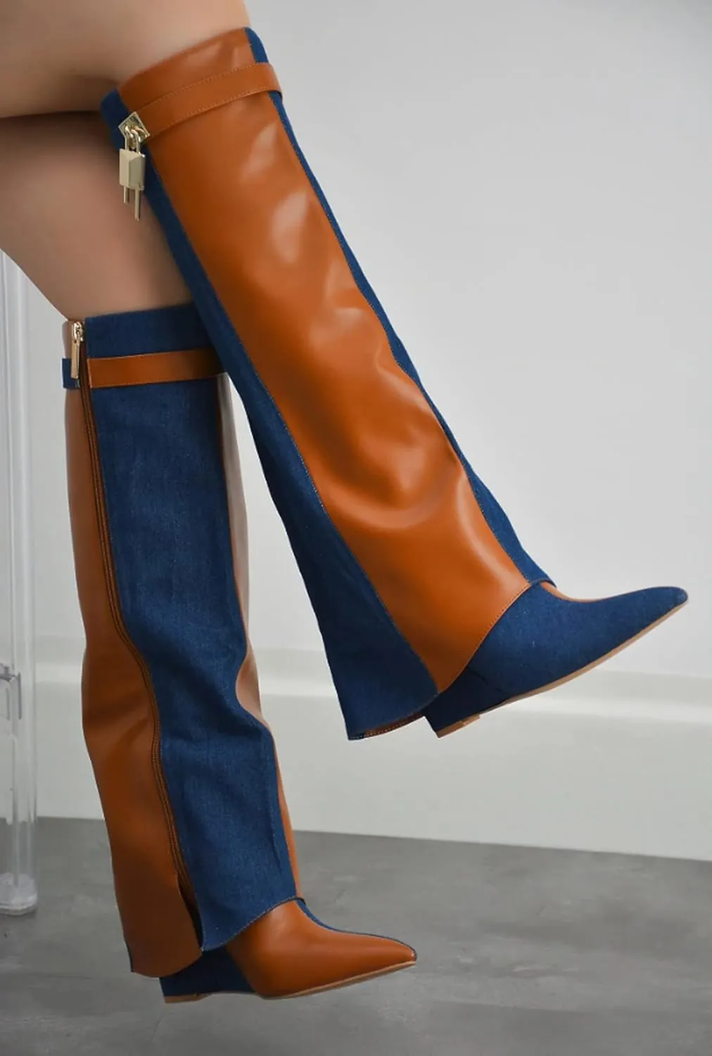 Cape Robbin Women's Wedge Boots Knee High Pull On Pointed Fold Over Wedge Heel Boots