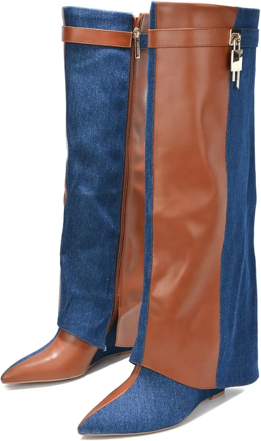Cape Robbin Women's Wedge Boots Knee High Pull On Pointed Fold Over Wedge Heel Boots