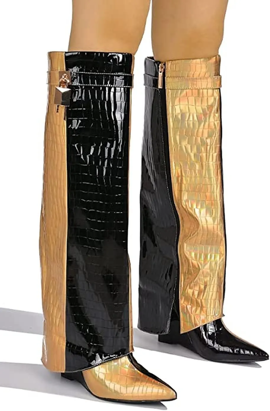 Cape Robbin Women's Wedge Boots Knee High Pull On Pointed Fold Over Wedge Heel Boots