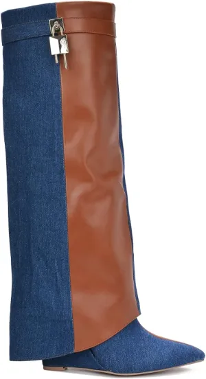 Cape Robbin Women's Wedge Boots Knee High Pull On Pointed Fold Over Wedge Heel Boots