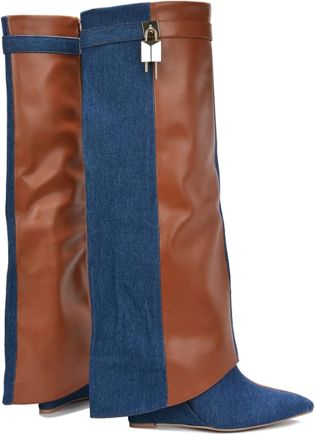 Cape Robbin Women's Wedge Boots Knee High Pull On Pointed Fold Over Wedge Heel Boots