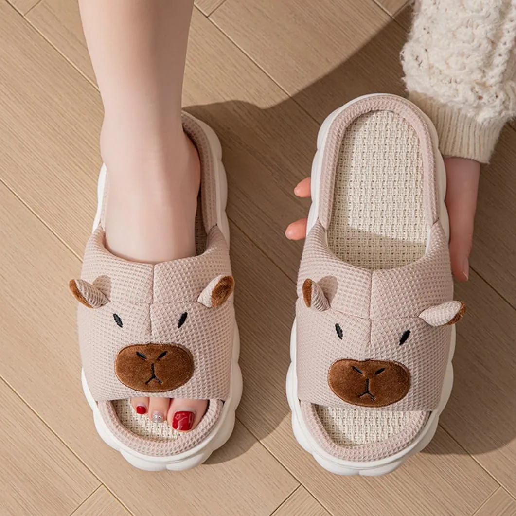 Capybara Linen Slippers for Women Men Open Toe Indoor Slides Four Seasons Cartoon Animal Sandals Comfy Outdoor Non-slip Home Shoes