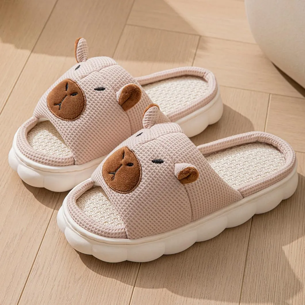 Capybara Linen Slippers for Women Men Open Toe Indoor Slides Four Seasons Cartoon Animal Sandals Comfy Outdoor Non-slip Home Shoes