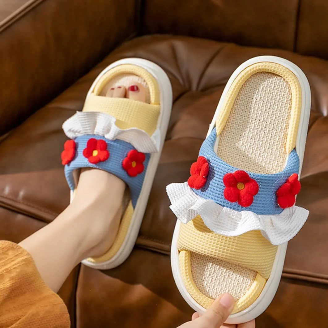Cartoon Animal Rabbit Flower Shape Slippers, Women's Open Toe Slides Indoor Outdoor Kawaii Sandals Four Seasons Linen Home Shoes
