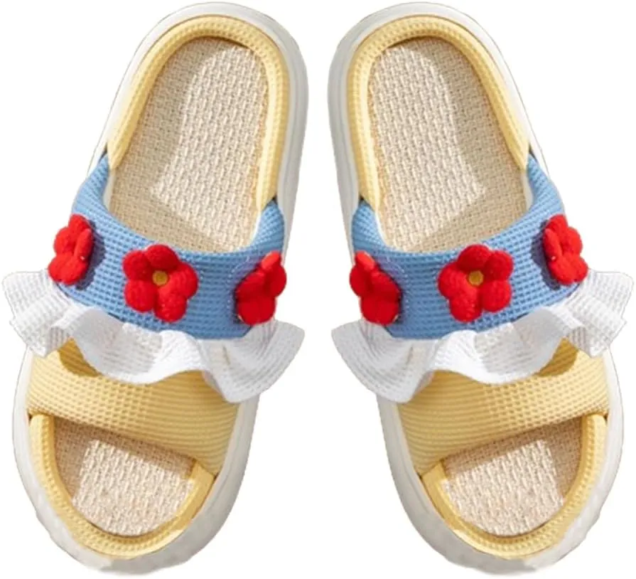 Cartoon Animal Rabbit Flower Shape Slippers, Women's Open Toe Slides Indoor Outdoor Kawaii Sandals Four Seasons Linen Home Shoes