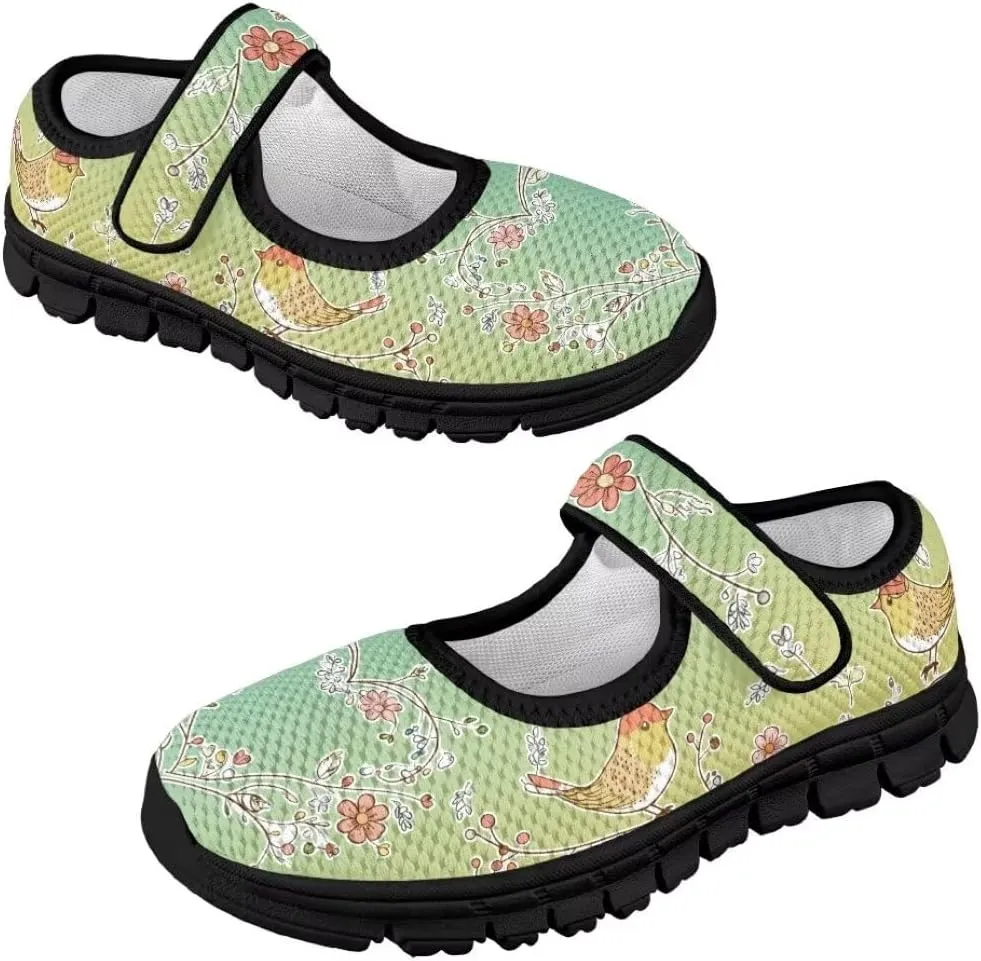 Cartoon Birds Print Mary Jane Shoes for Girls Anti-Skid Magic Sticker Sneaker with Mesh Upper