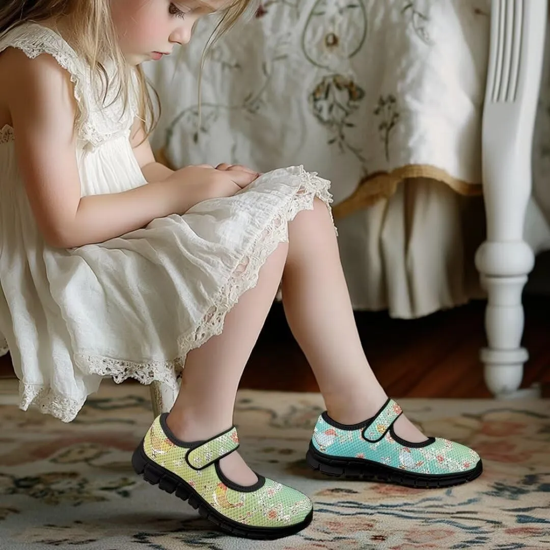 Cartoon Birds Print Mary Jane Shoes for Girls Anti-Skid Magic Sticker Sneaker with Mesh Upper