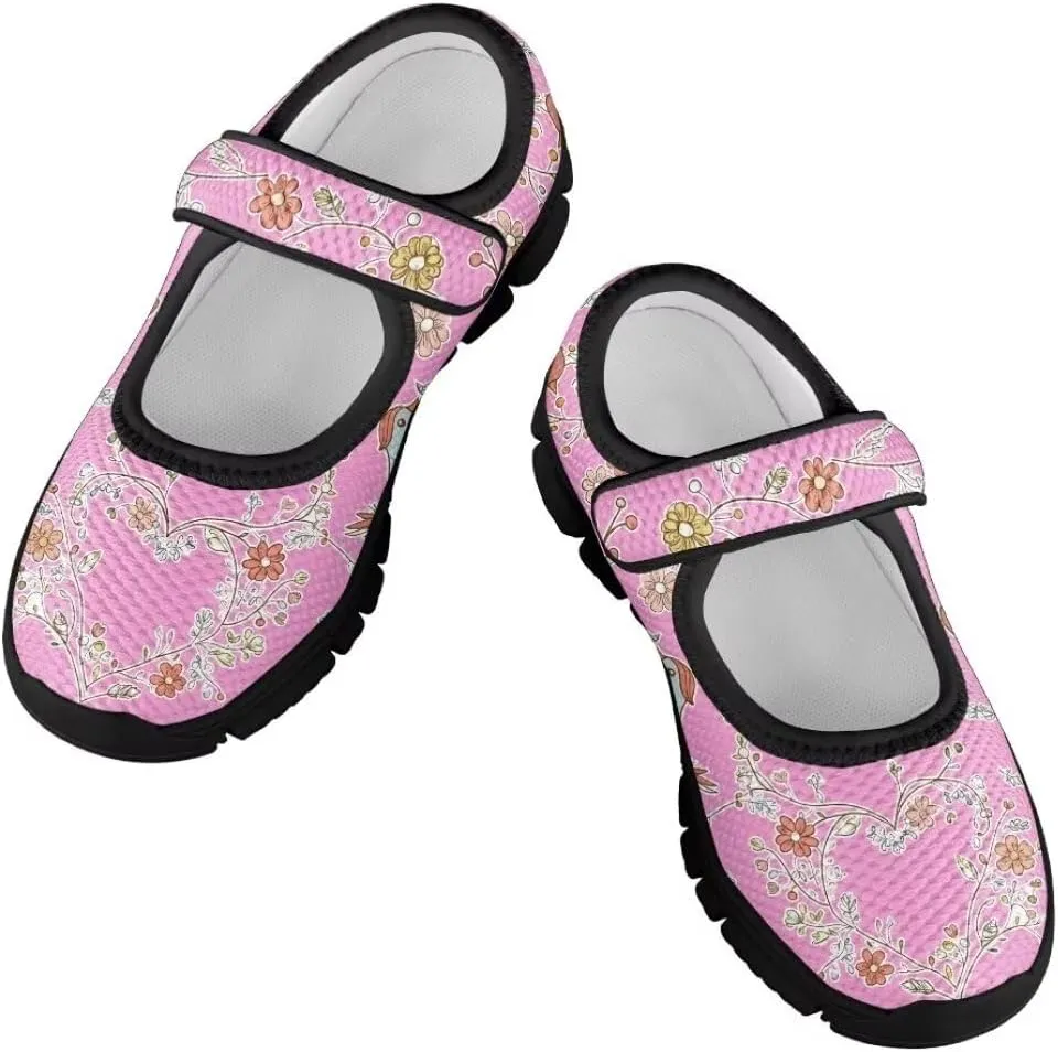 Cartoon Birds Print Mary Jane Shoes for Girls Anti-Skid Magic Sticker Sneaker with Mesh Upper