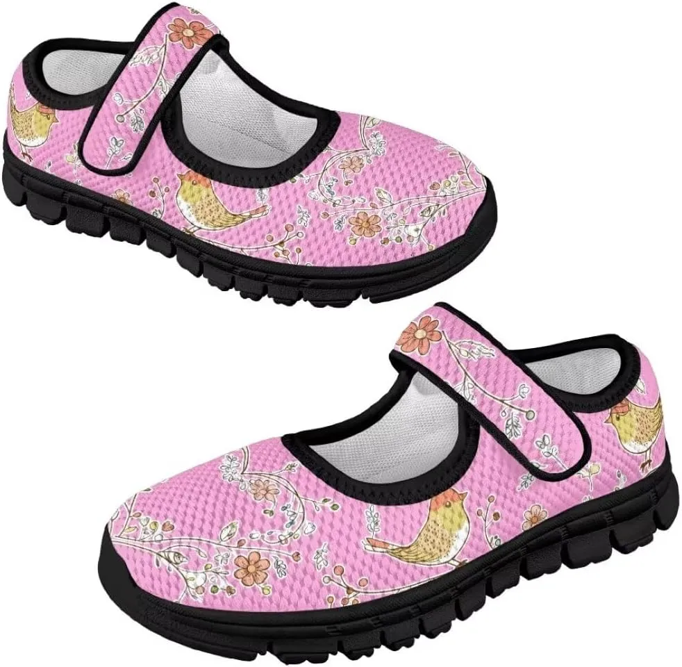 Cartoon Birds Print Mary Jane Shoes for Girls Anti-Skid Magic Sticker Sneaker with Mesh Upper