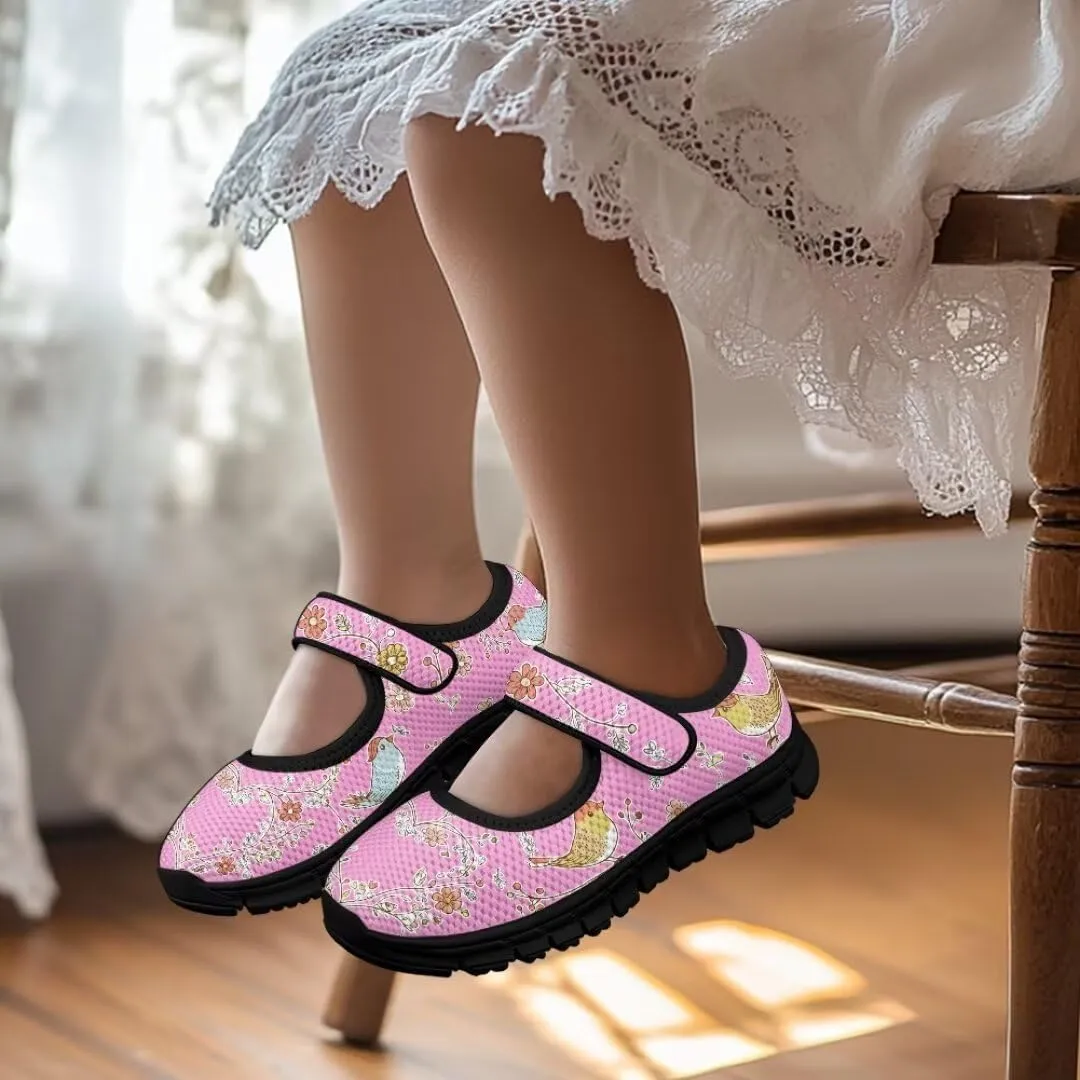 Cartoon Birds Print Mary Jane Shoes for Girls Anti-Skid Magic Sticker Sneaker with Mesh Upper