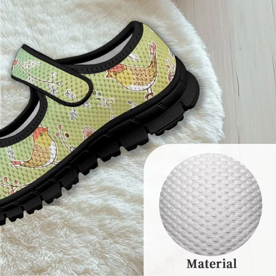 Cartoon Birds Print Mary Jane Shoes for Girls Anti-Skid Magic Sticker Sneaker with Mesh Upper