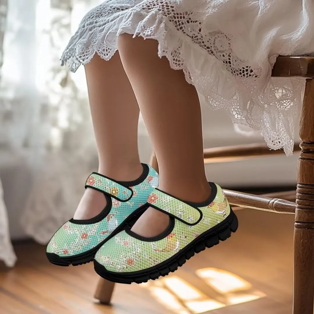 Cartoon Birds Print Mary Jane Shoes for Girls Anti-Skid Magic Sticker Sneaker with Mesh Upper