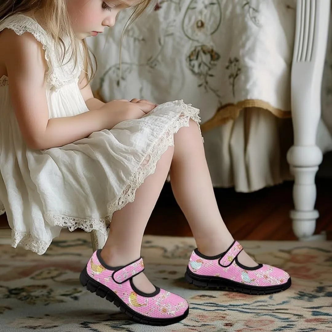 Cartoon Birds Print Mary Jane Shoes for Girls Anti-Skid Magic Sticker Sneaker with Mesh Upper