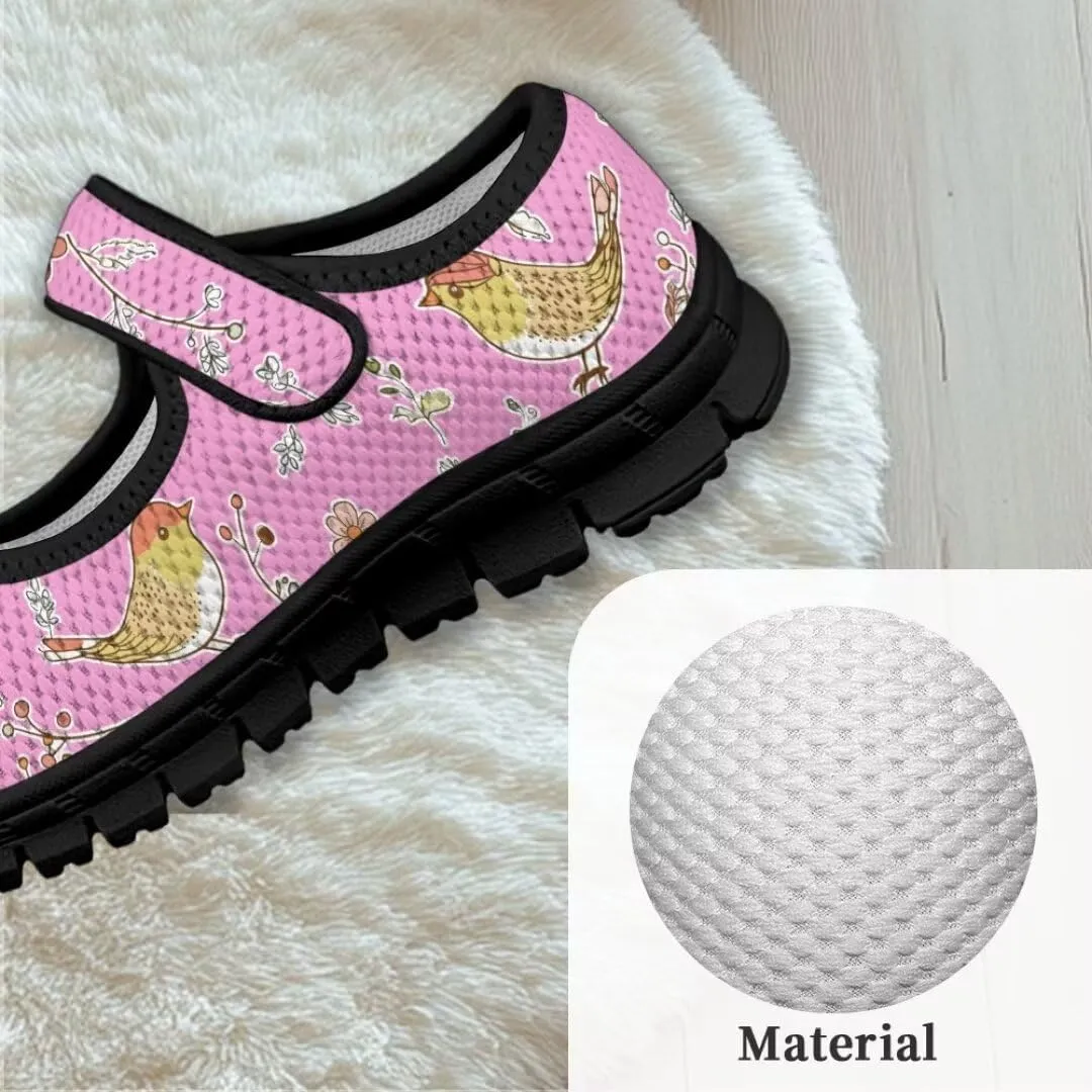 Cartoon Birds Print Mary Jane Shoes for Girls Anti-Skid Magic Sticker Sneaker with Mesh Upper