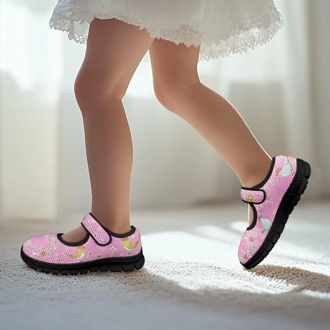 Cartoon Birds Print Mary Jane Shoes for Girls Anti-Skid Magic Sticker Sneaker with Mesh Upper