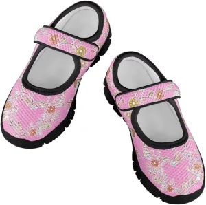 Cartoon Birds Print Mary Jane Shoes for Girls Anti-Skid Magic Sticker Sneaker with Mesh Upper
