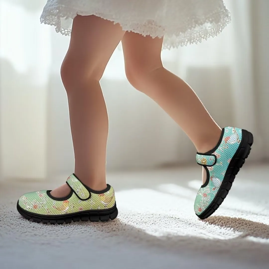 Cartoon Birds Print Mary Jane Shoes for Girls Anti-Skid Magic Sticker Sneaker with Mesh Upper