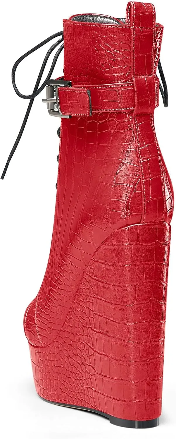 Castamere Womens High Wedge Platform Heel Round Toe Ankle Boots Short Bootie Lace-up Zipper Studded Rivets Sexy 5.9 Inches Heels