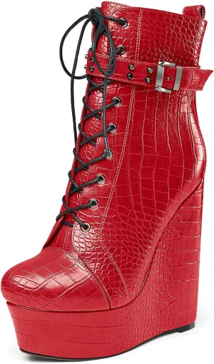 Castamere Womens High Wedge Platform Heel Round Toe Ankle Boots Short Bootie Lace-up Zipper Studded Rivets Sexy 5.9 Inches Heels