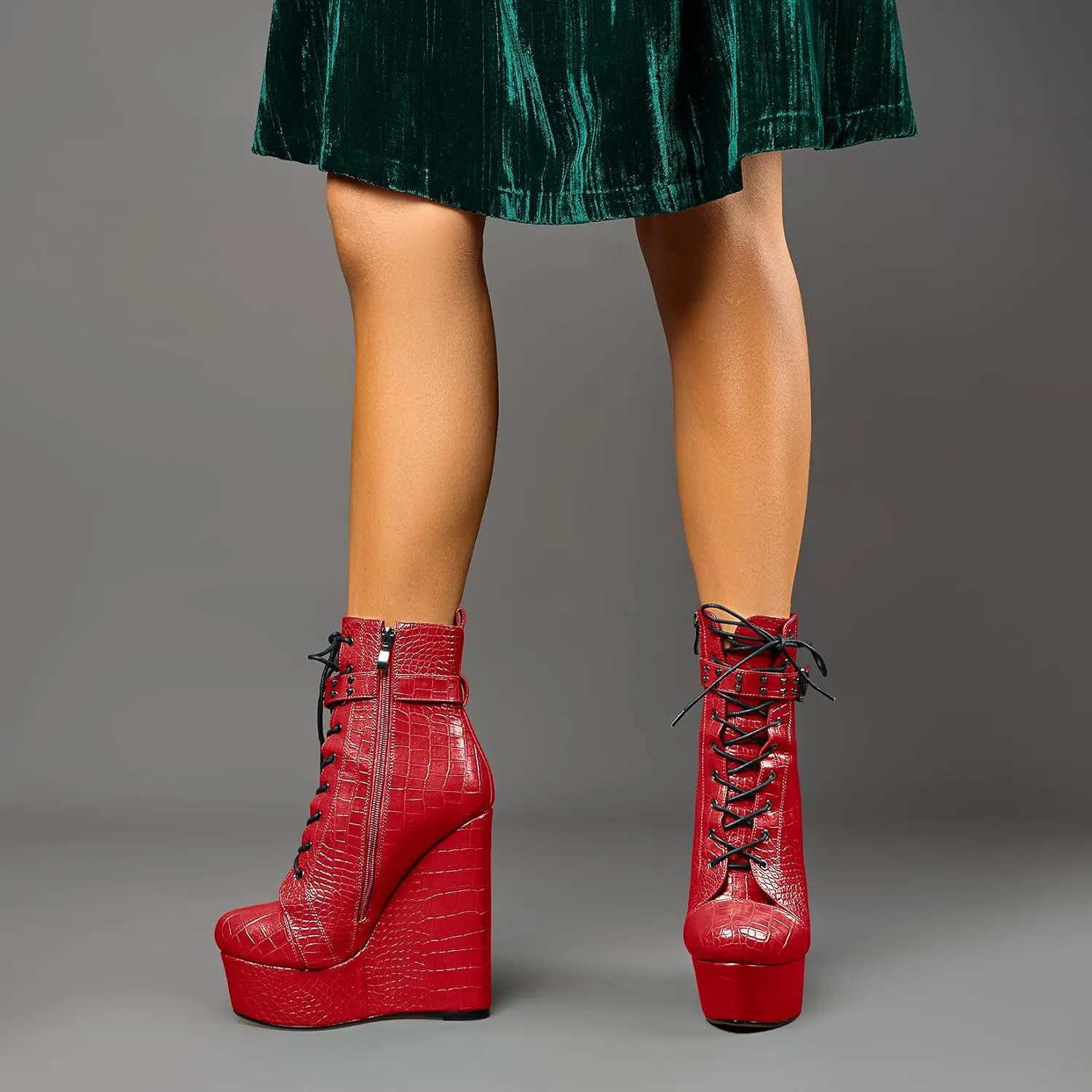 Castamere Womens High Wedge Platform Heel Round Toe Ankle Boots Short Bootie Lace-up Zipper Studded Rivets Sexy 5.9 Inches Heels