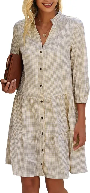 CCTOO Women's Summer Dresses Casual V Neck Button Down 3/4 Sleeve Floral Print Loose Flowy Shirt Dress